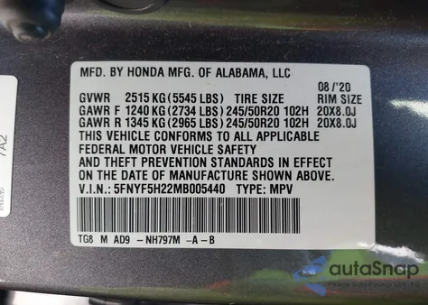 2021 Honda Pilot 2Wd Special Edition из США, поврежденный, VIN 5FNYF5H22MB005440